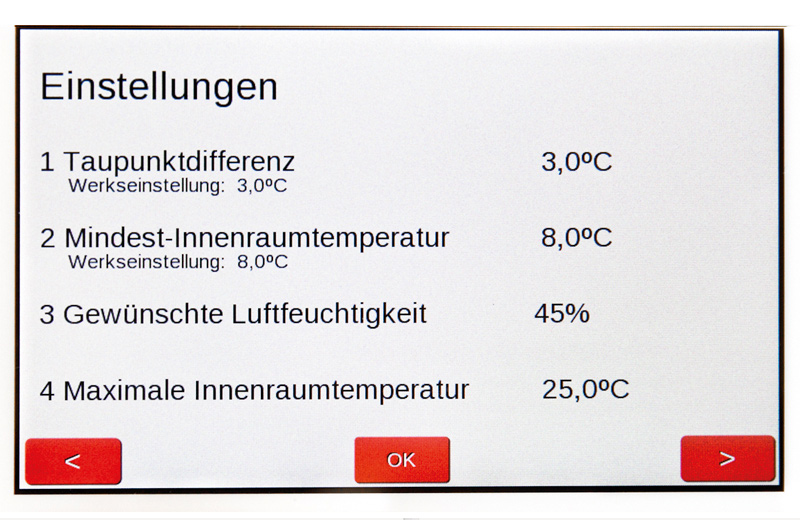 Programmdisplay mit Einstellmöglichkeiten der Universal Lüftung TOUCH